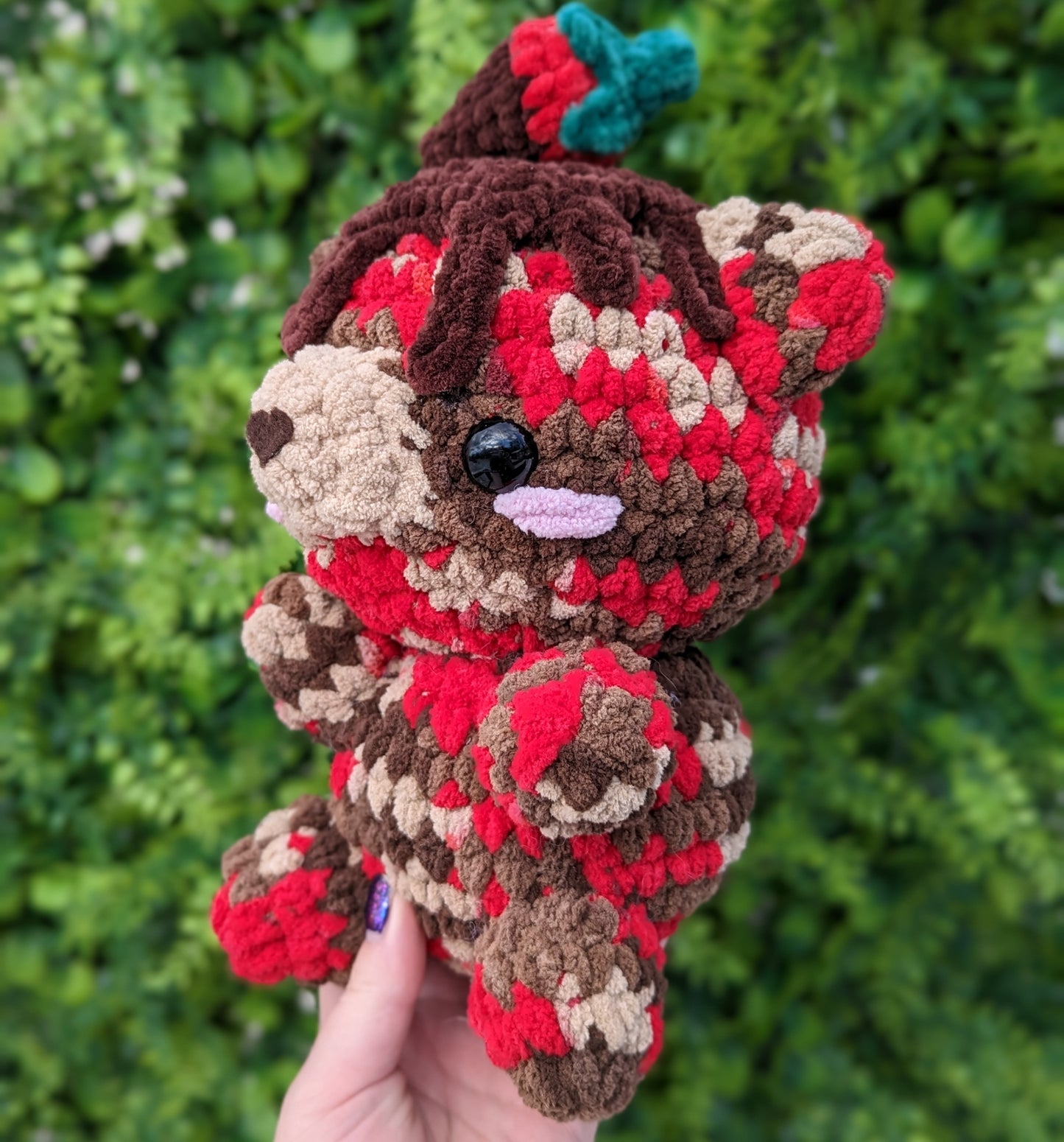 Chocolate Covered Strawberry Teddy Bear Crochet Plushie