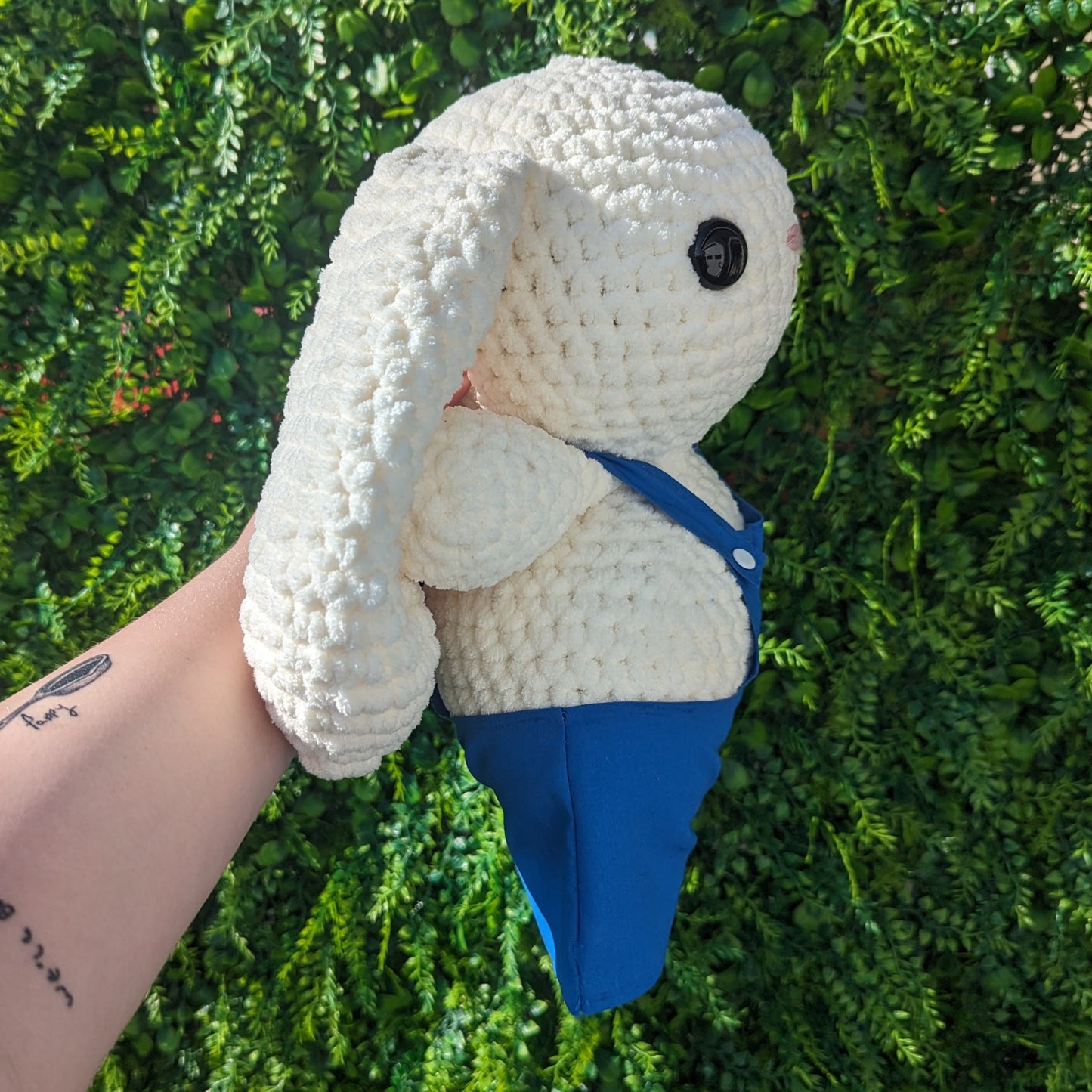 Jumbo Cream Bunny in Blue Cotton Overalls Crochet Plushie (removable overalls)
