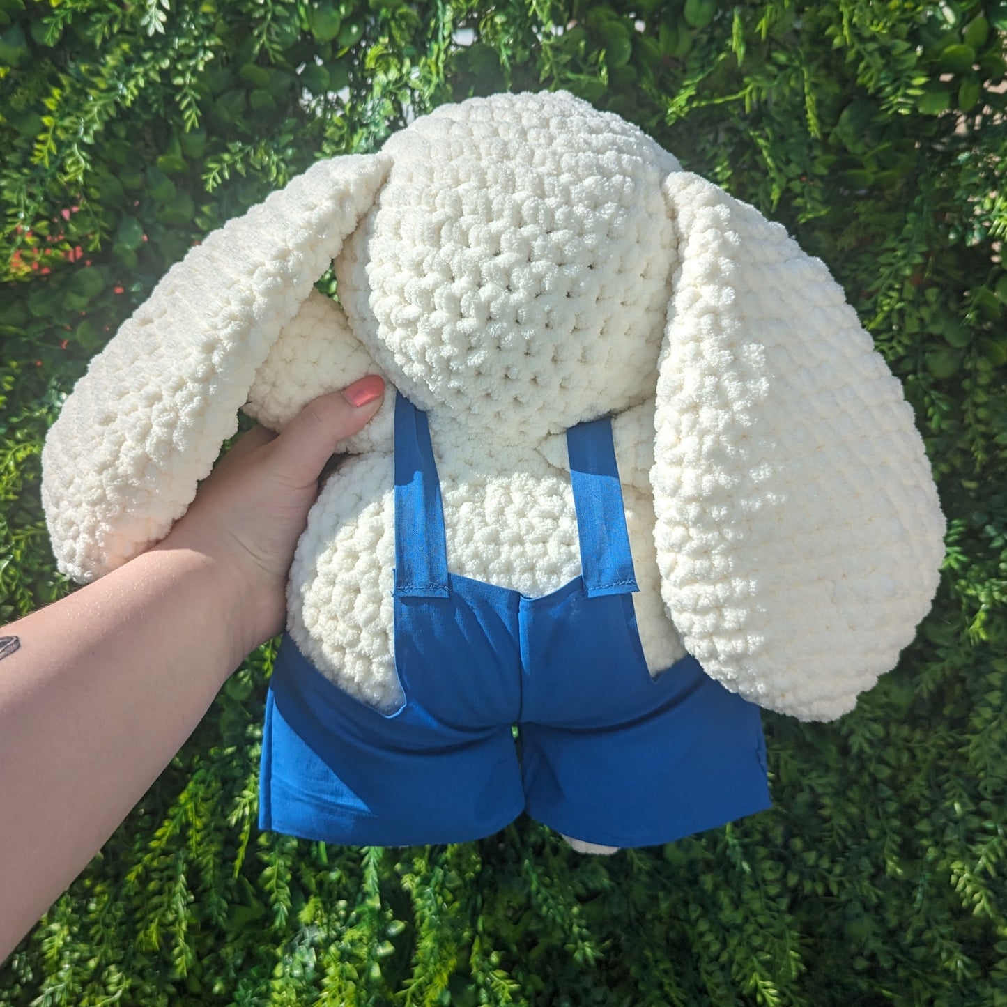Jumbo Cream Bunny in Blue Cotton Overalls Crochet Plushie (removable overalls)