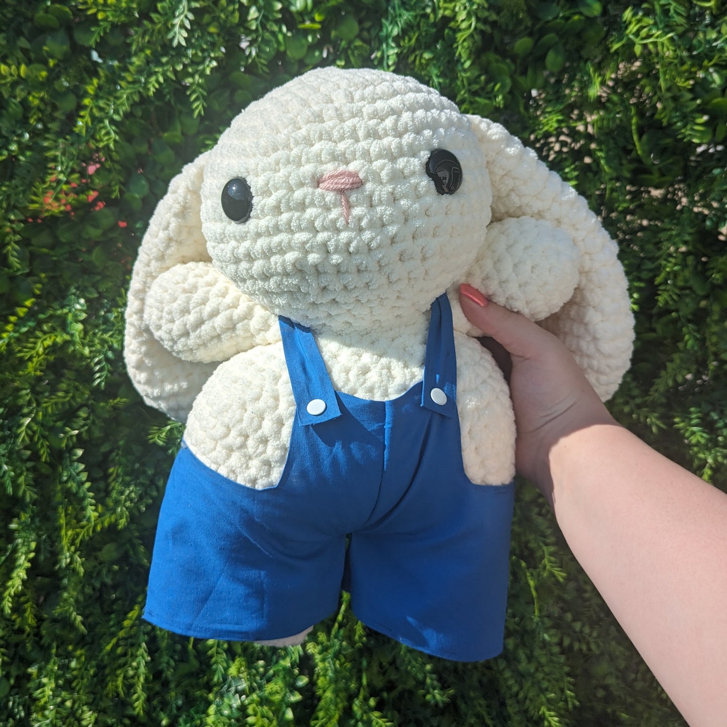 Jumbo Cream Bunny in Blue Cotton Overalls Crochet Plushie (removable overalls)