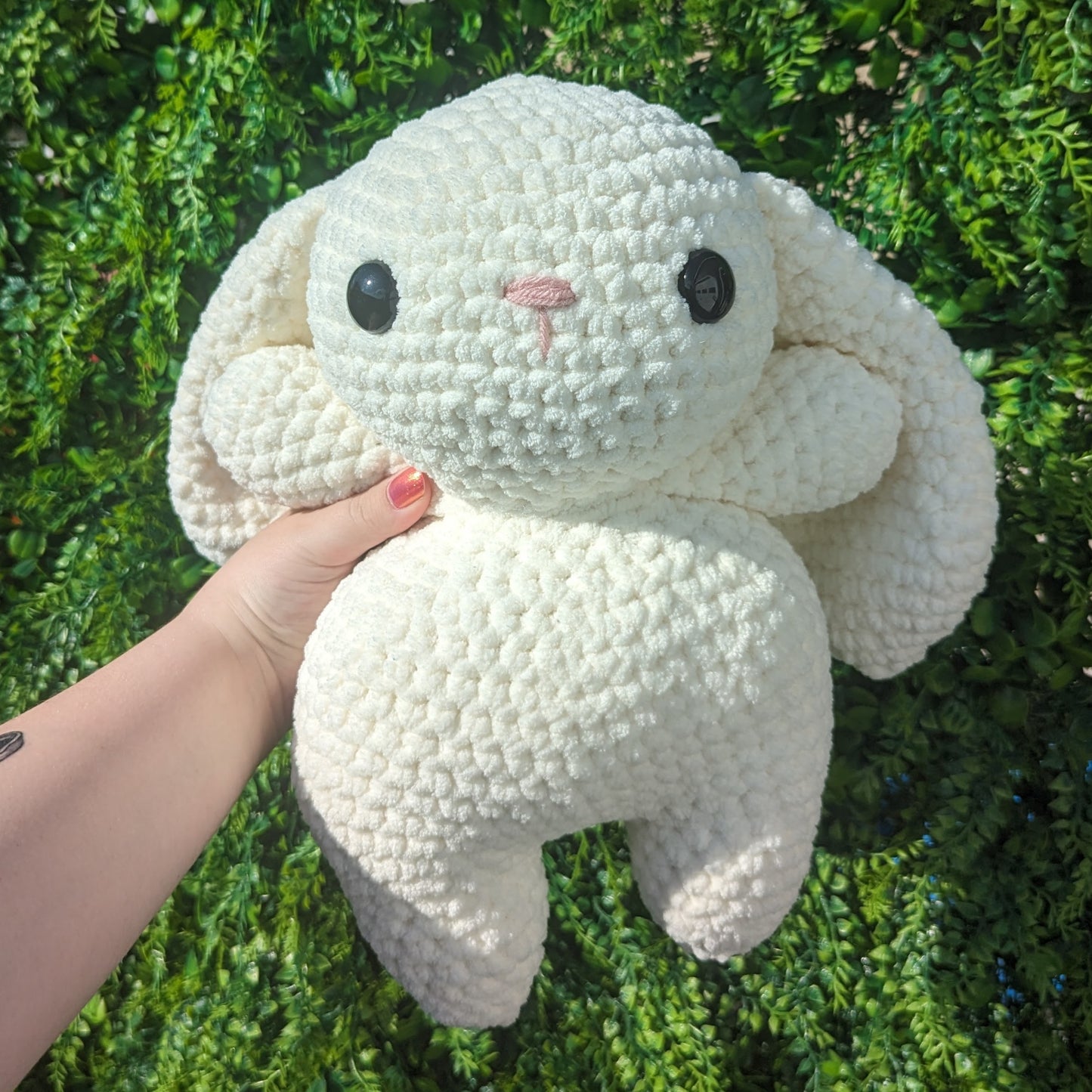 Jumbo Cream Bunny in Blue Cotton Overalls Crochet Plushie (removable overalls)