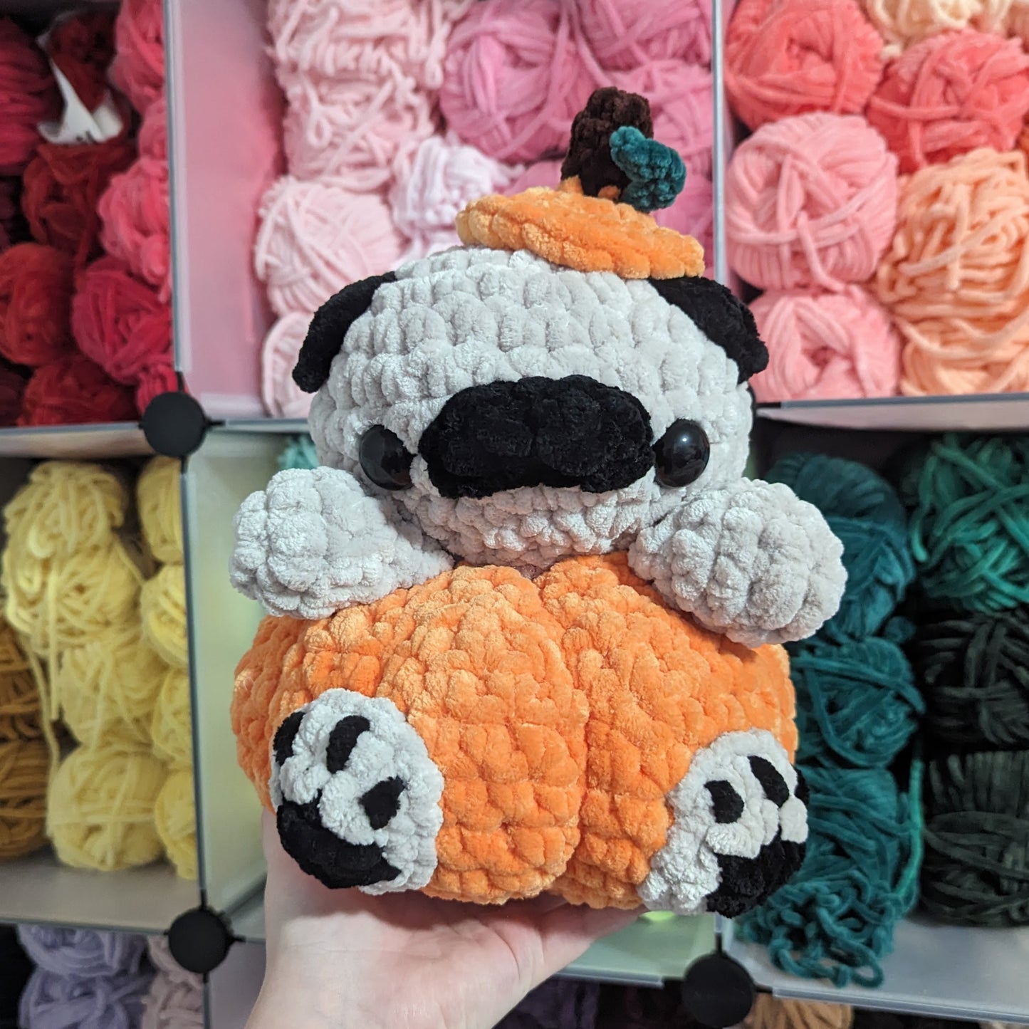 Jumbo Pug in a Pumpkin Crochet Plushie