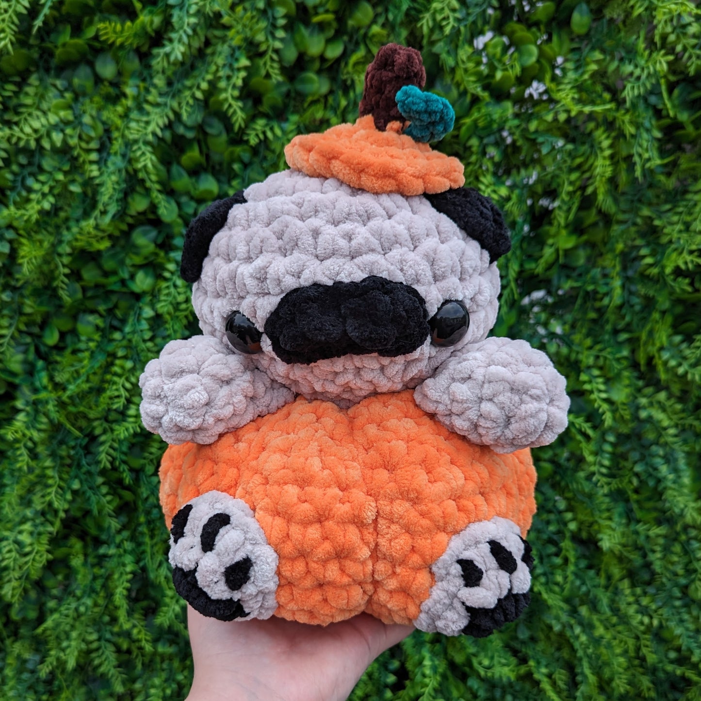 Jumbo Pug in a Pumpkin Crochet Plushie