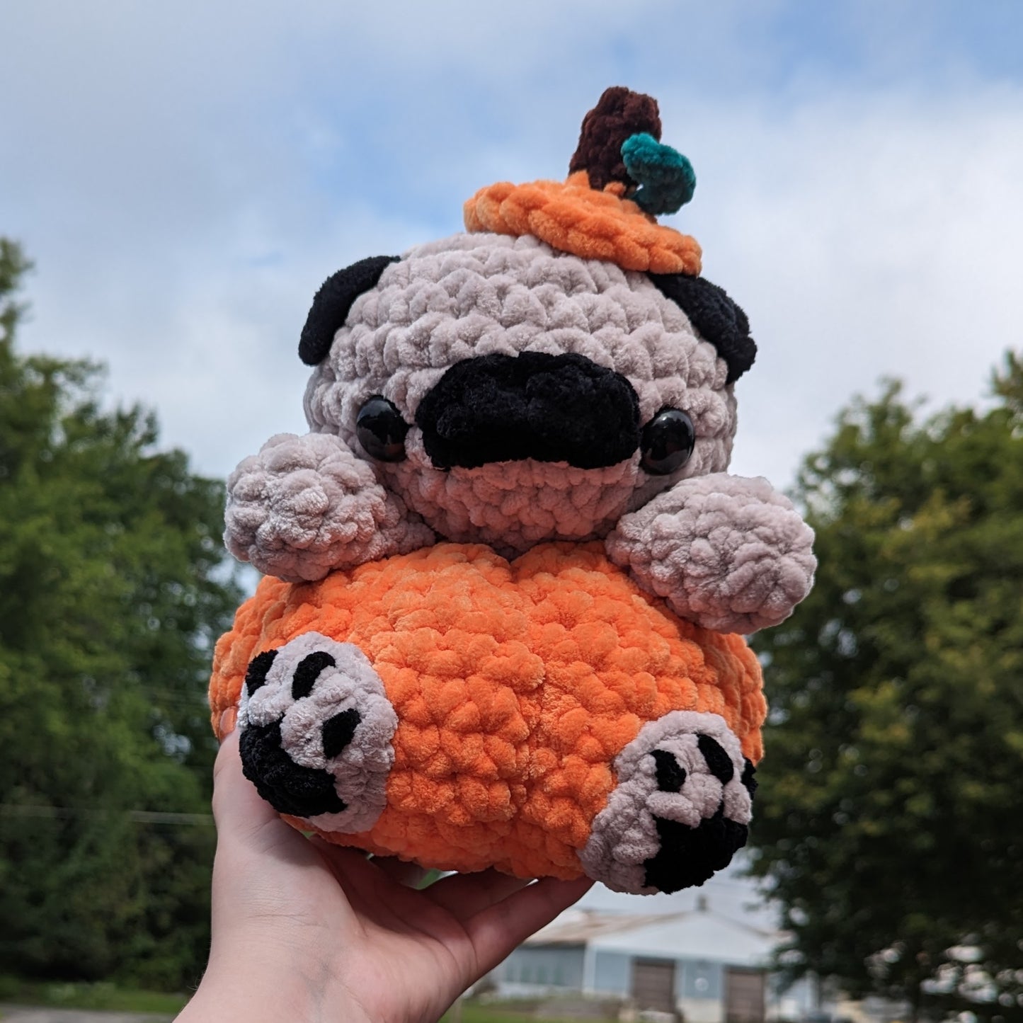 Jumbo Pug in a Pumpkin Crochet Plushie