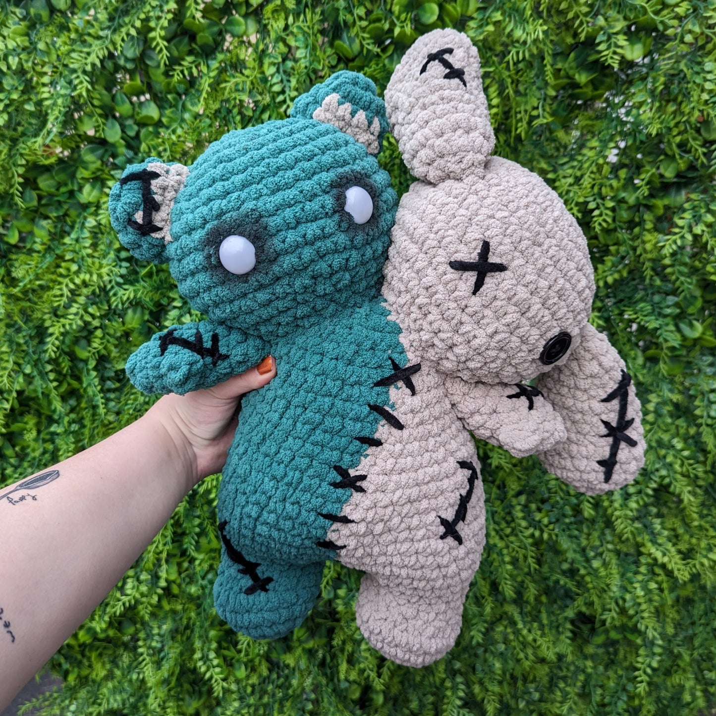 Jumbo Gray and Green Two Headed Bear Bunny Crochet Plushie [Archived]