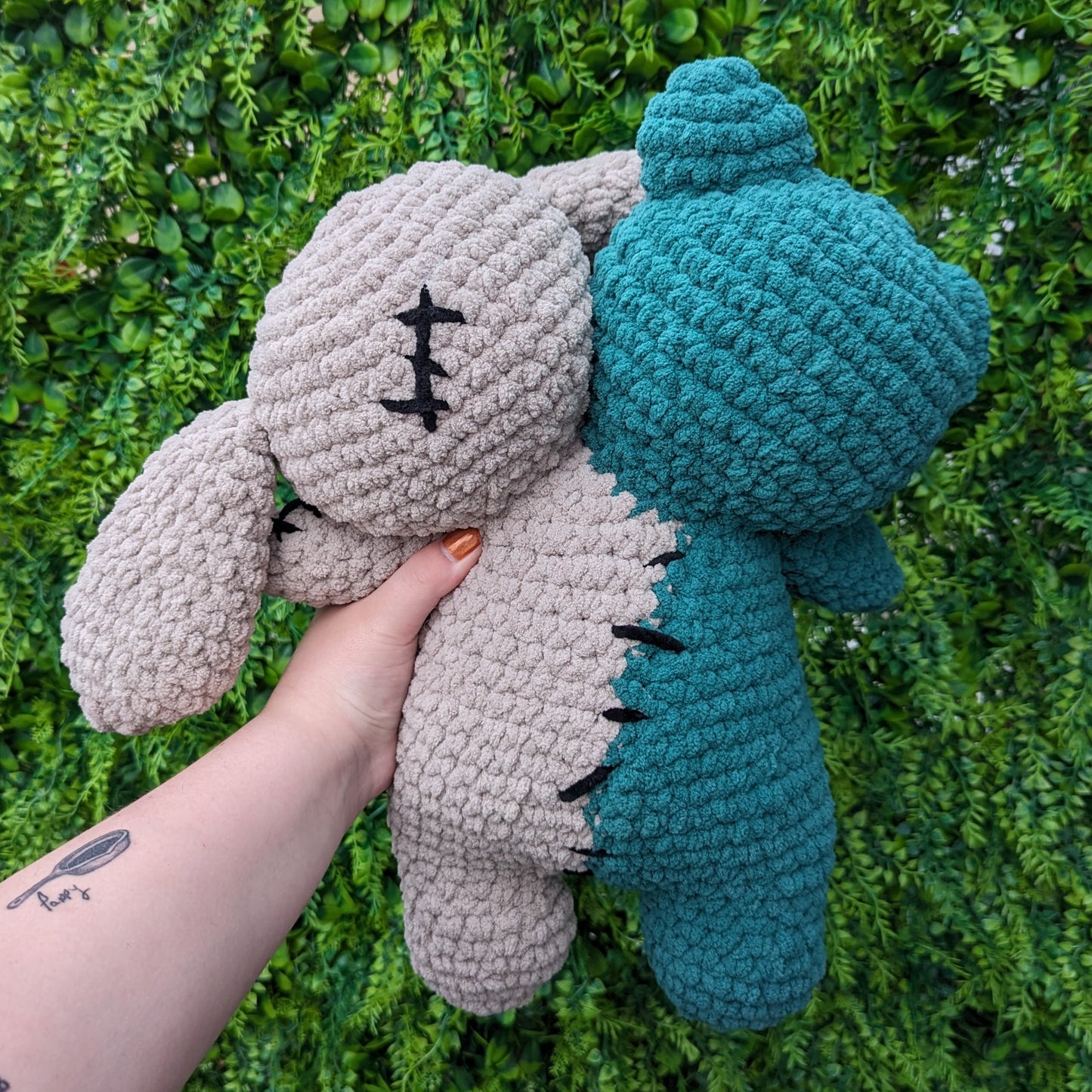 Jumbo Gray and Green Two Headed Bear Bunny Crochet Plushie [Archived]