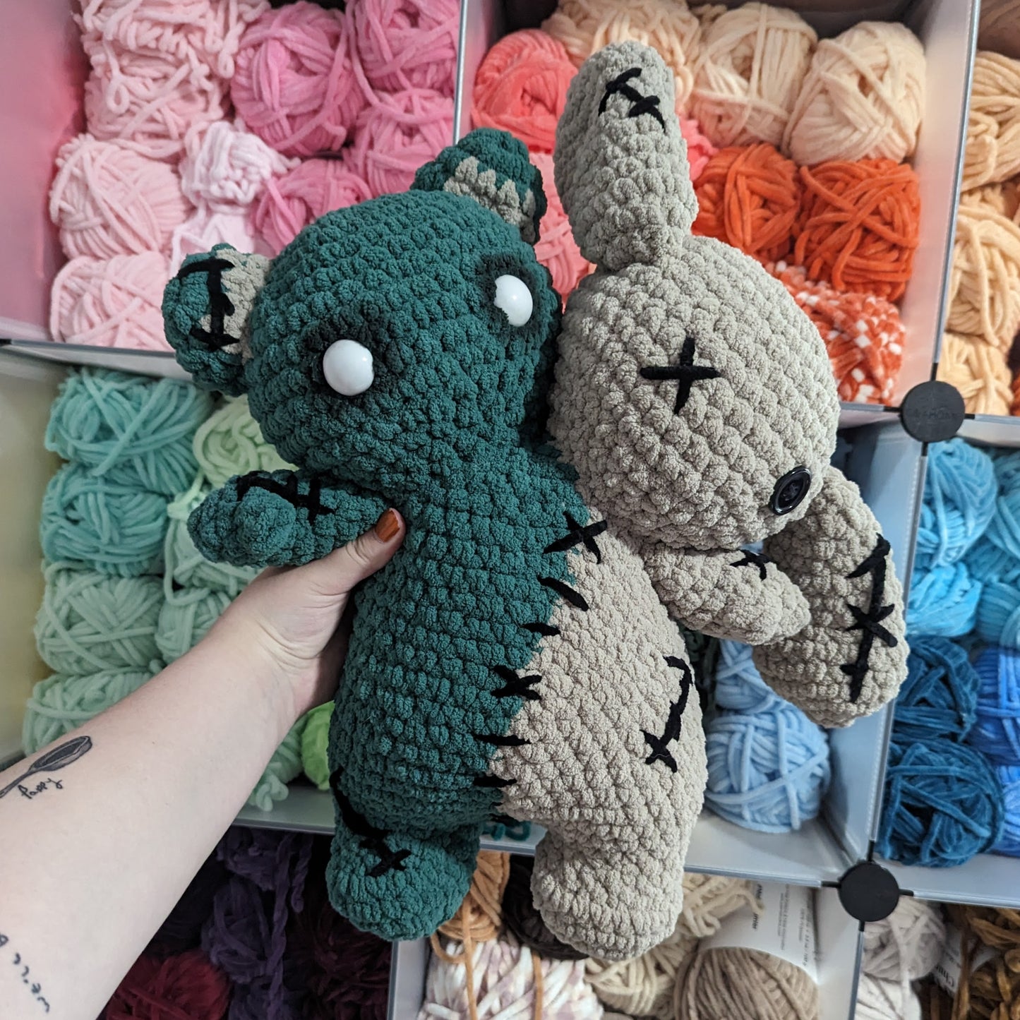 Jumbo Gray and Green Two Headed Bear Bunny Crochet Plushie [Archived]