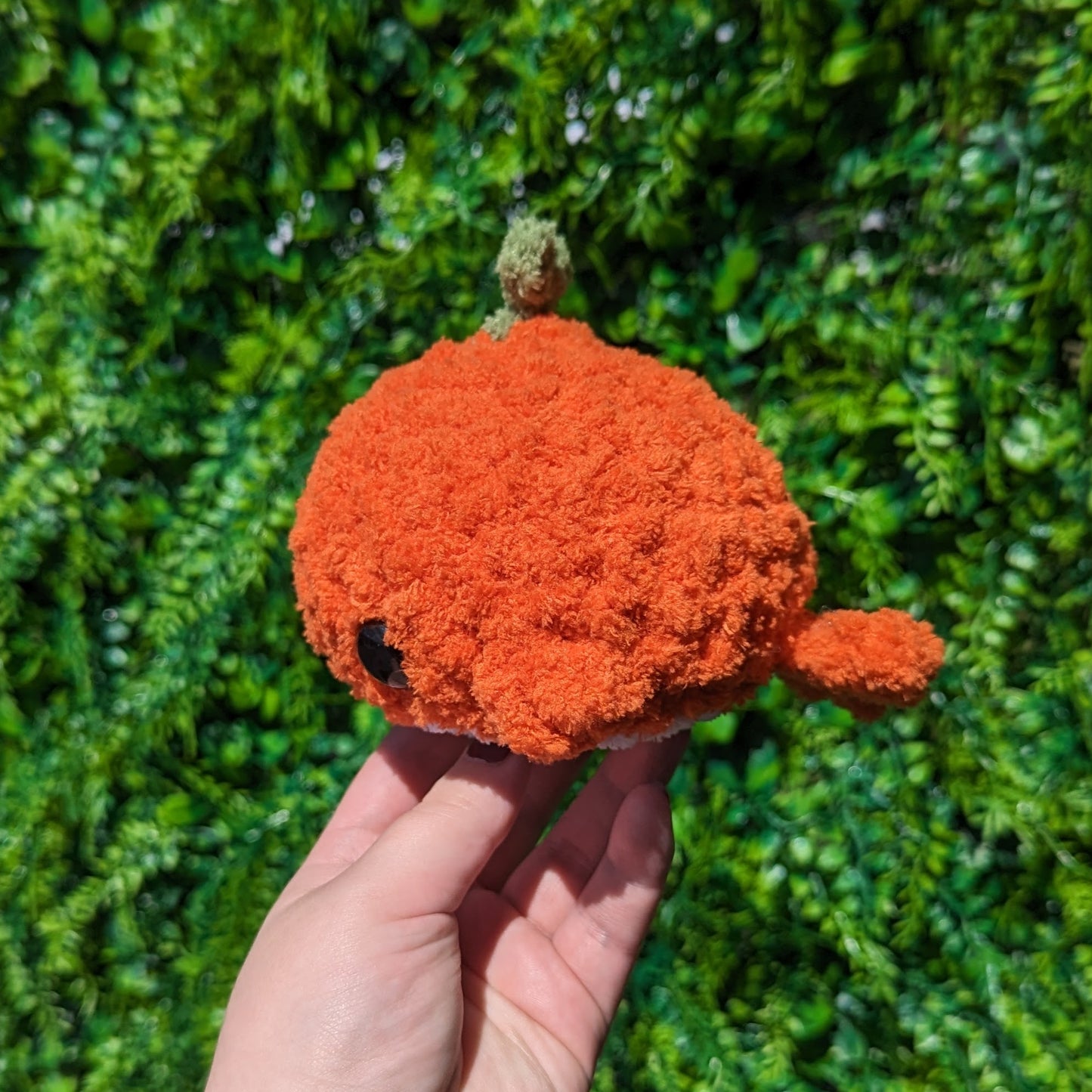 Fuzzy Pumpkin Sprout Baby Whale Crochet Plushie