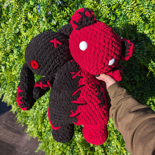 CUSTOM ORDER Jumbo Black and Red Two Headed Bear Bunny Crochet Plushie [Archived]