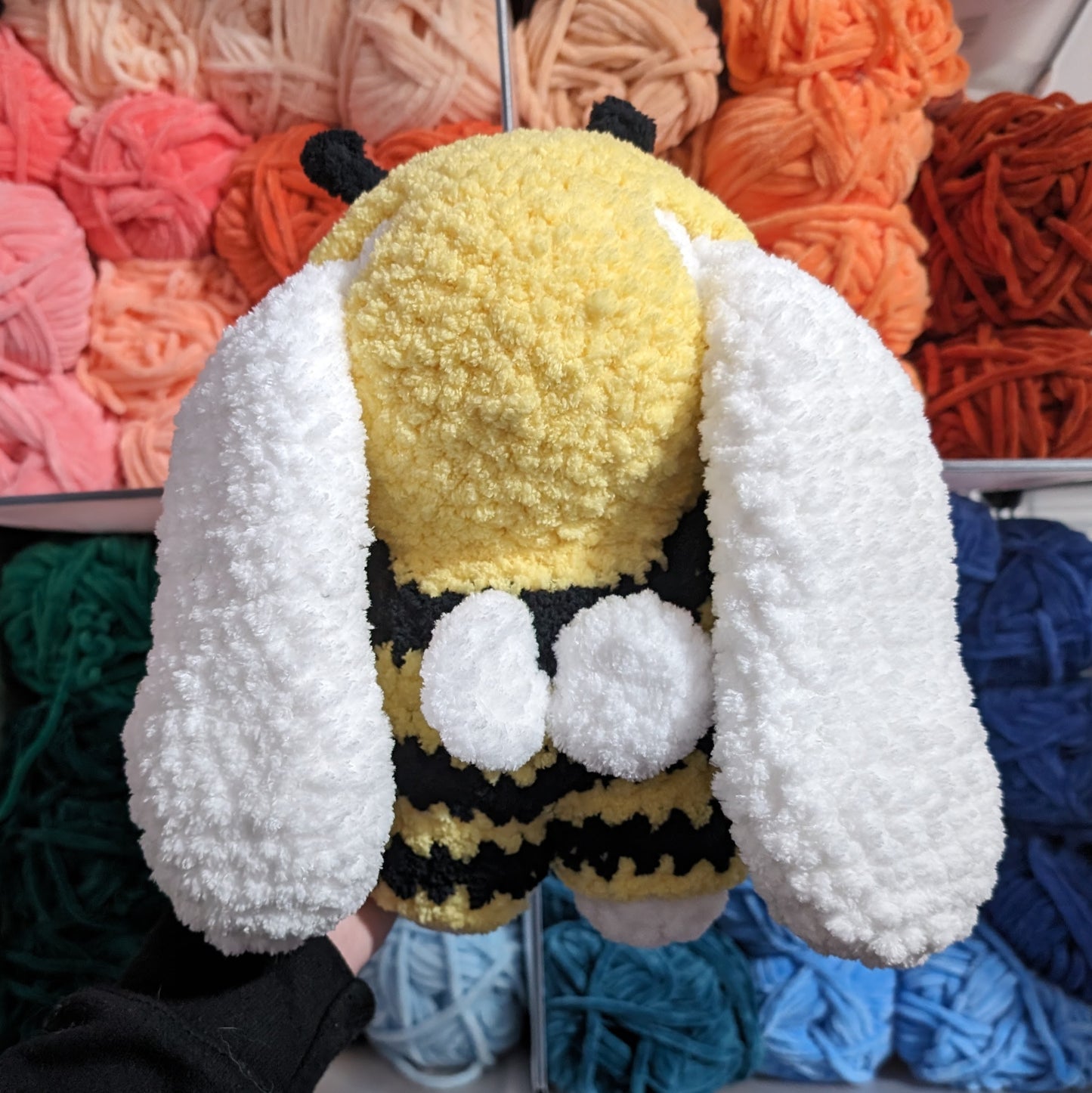 Fuzzy Bunny in Bee Onesie Crochet Plushie (removable outfit)