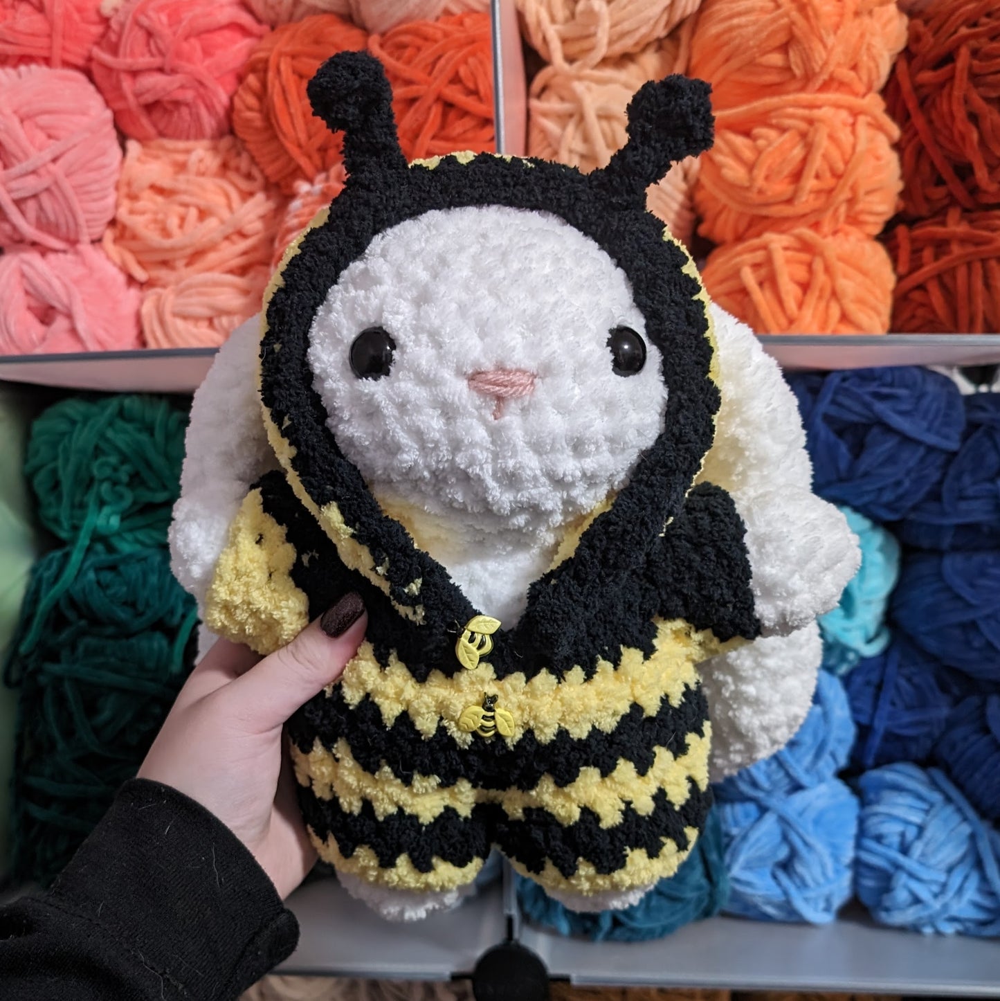 Fuzzy Bunny in Bee Onesie Crochet Plushie (removable outfit)