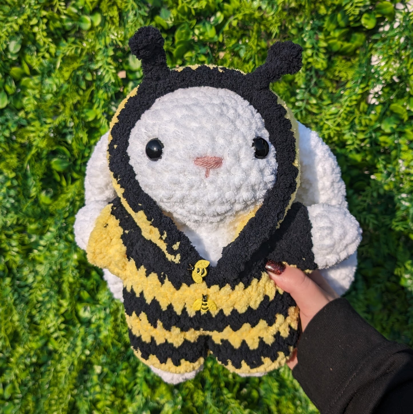 Fuzzy Bunny in Bee Onesie Crochet Plushie (removable outfit)