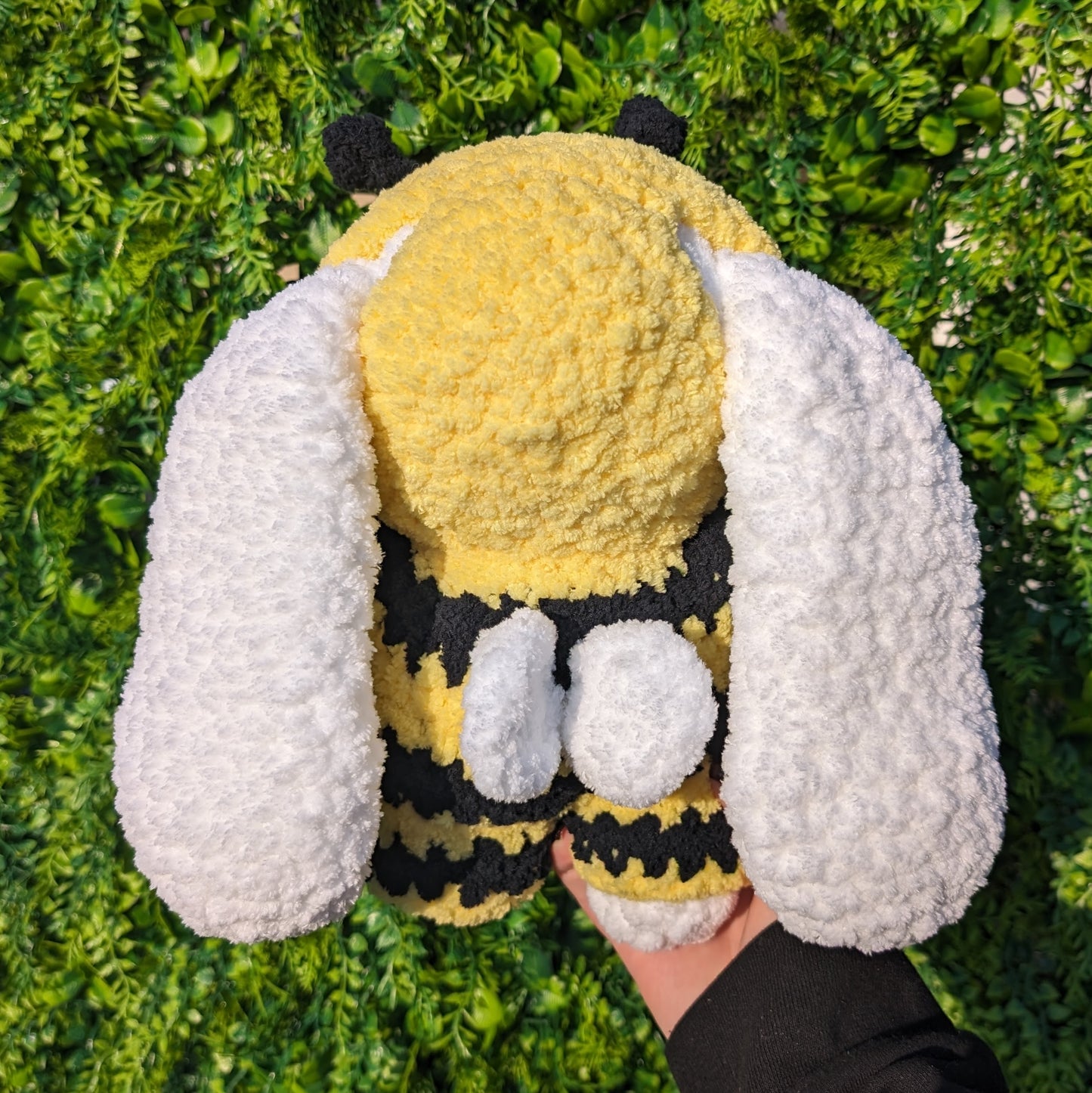 Fuzzy Bunny in Bee Onesie Crochet Plushie (removable outfit)