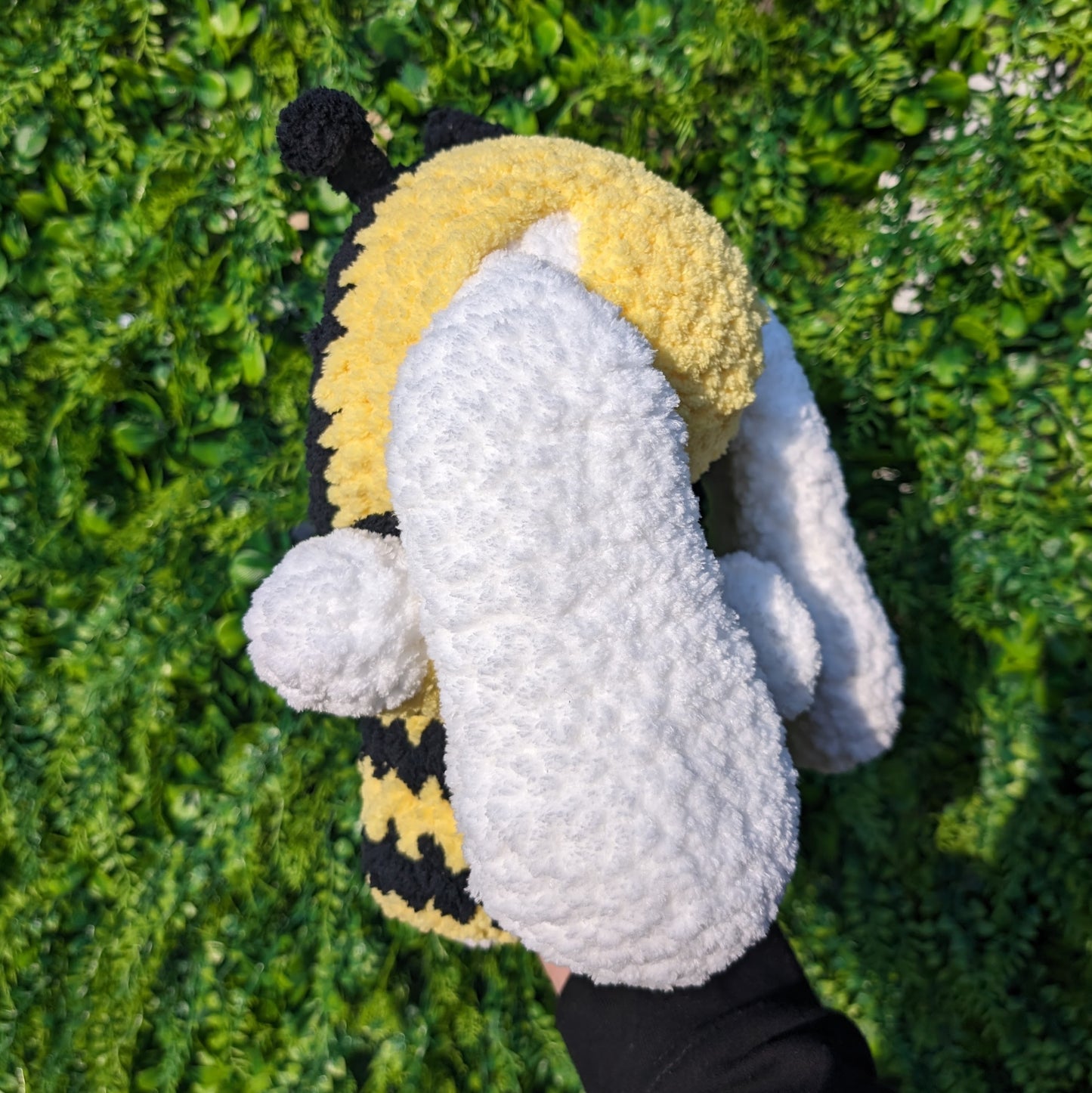 Fuzzy Bunny in Bee Onesie Crochet Plushie (removable outfit)