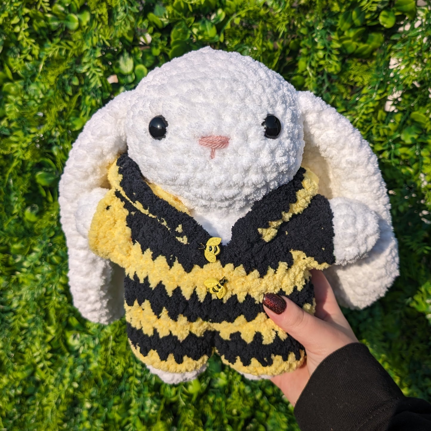 Fuzzy Bunny in Bee Onesie Crochet Plushie (removable outfit)