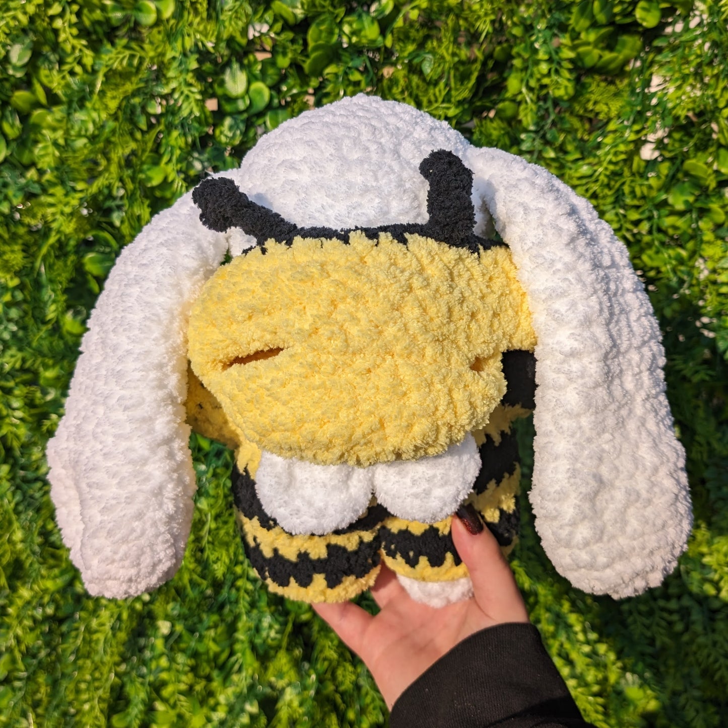 Fuzzy Bunny in Bee Onesie Crochet Plushie (removable outfit)