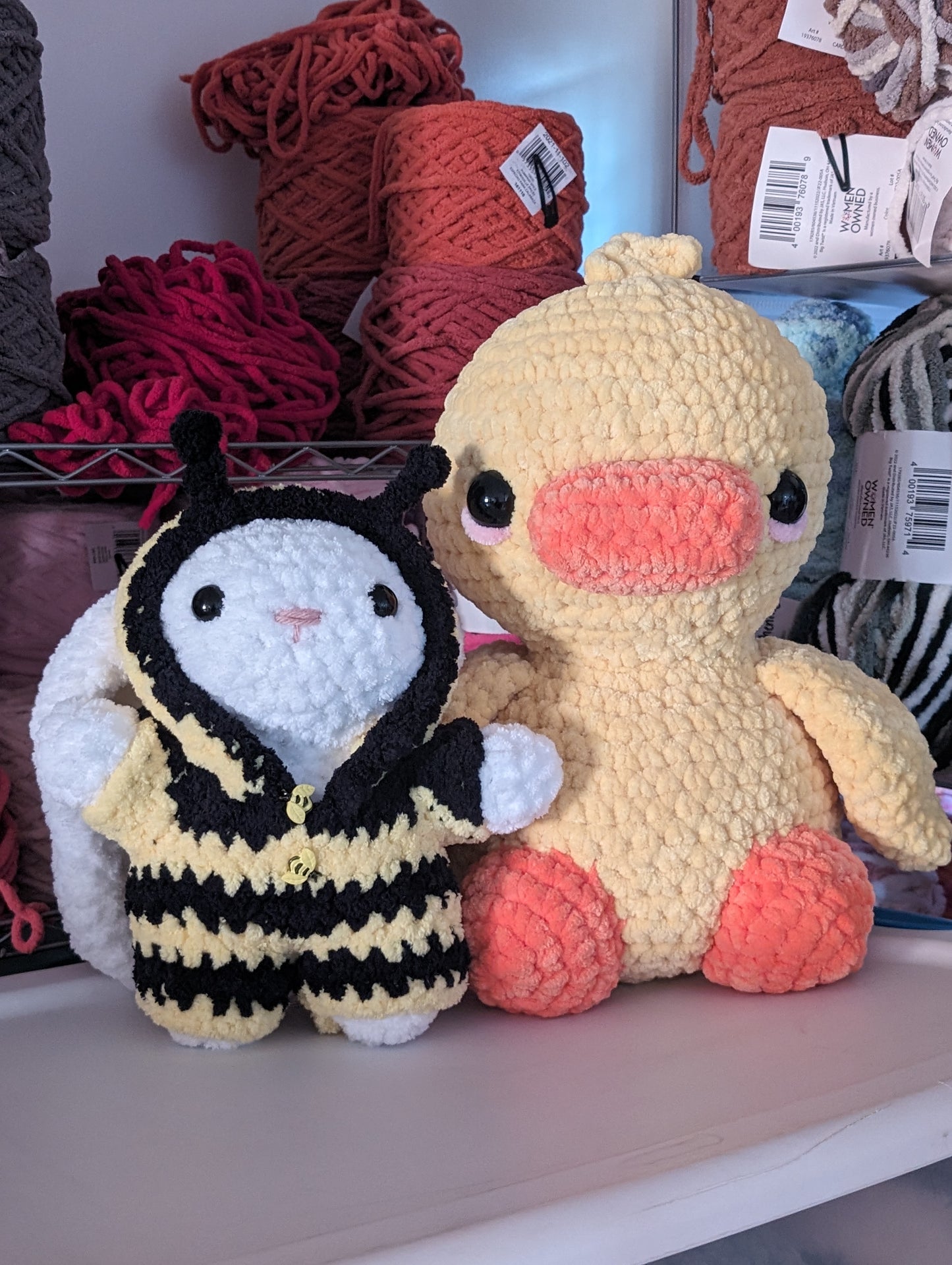 Fuzzy Bunny in Bee Onesie Crochet Plushie (removable outfit)