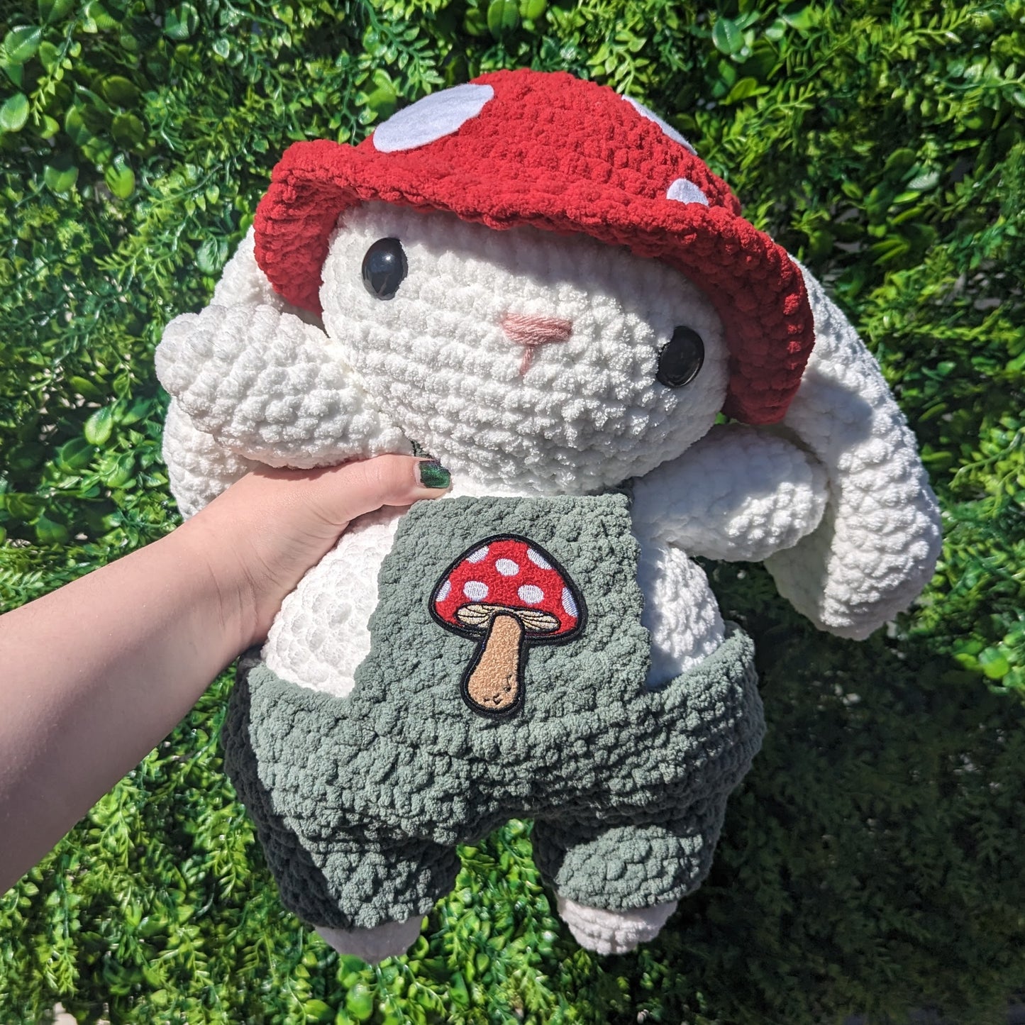 MADE TO ORDER Jumbo White Mushroom Bunny Crochet Plushie (removable hat & overalls)