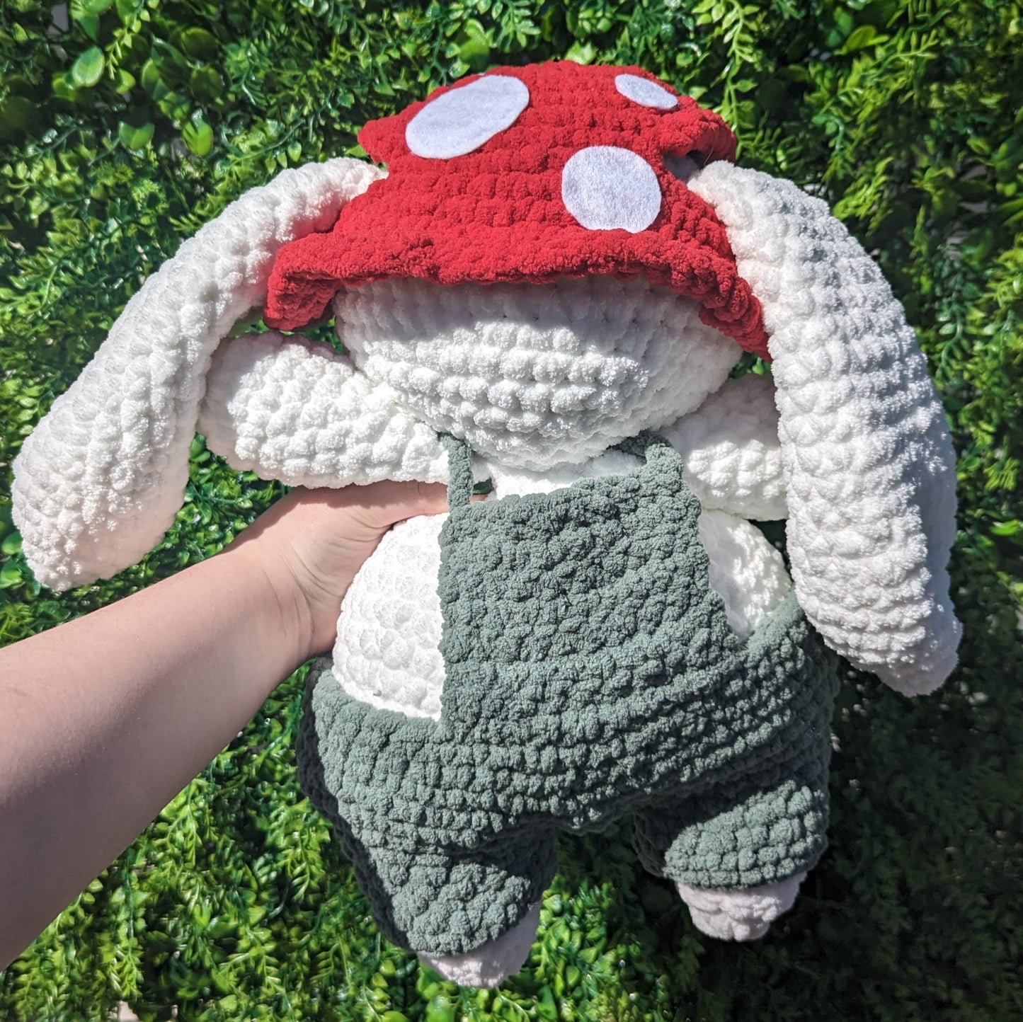 MADE TO ORDER Jumbo White Mushroom Bunny Crochet Plushie (removable hat & overalls)