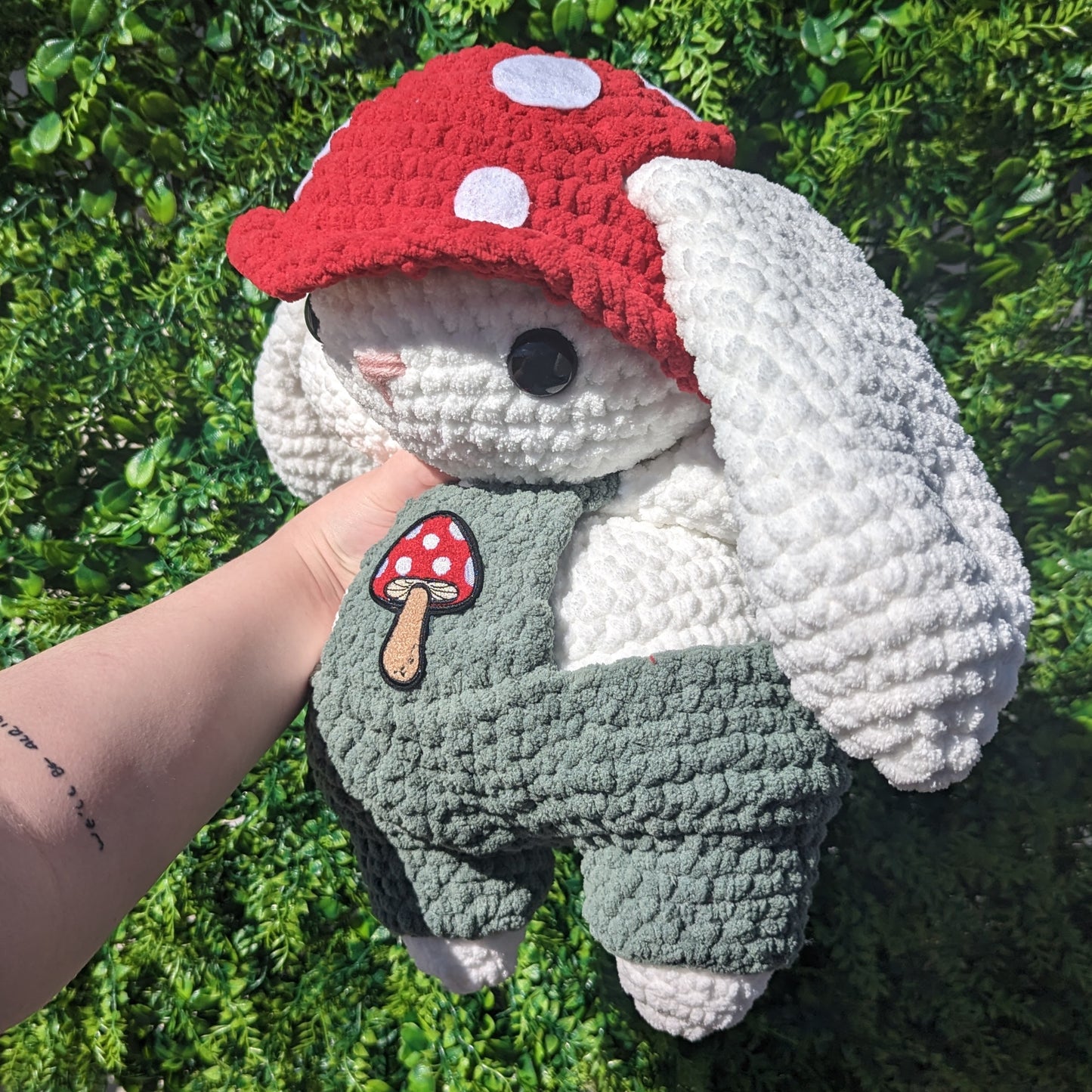 MADE TO ORDER Jumbo White Mushroom Bunny Crochet Plushie (removable hat & overalls)