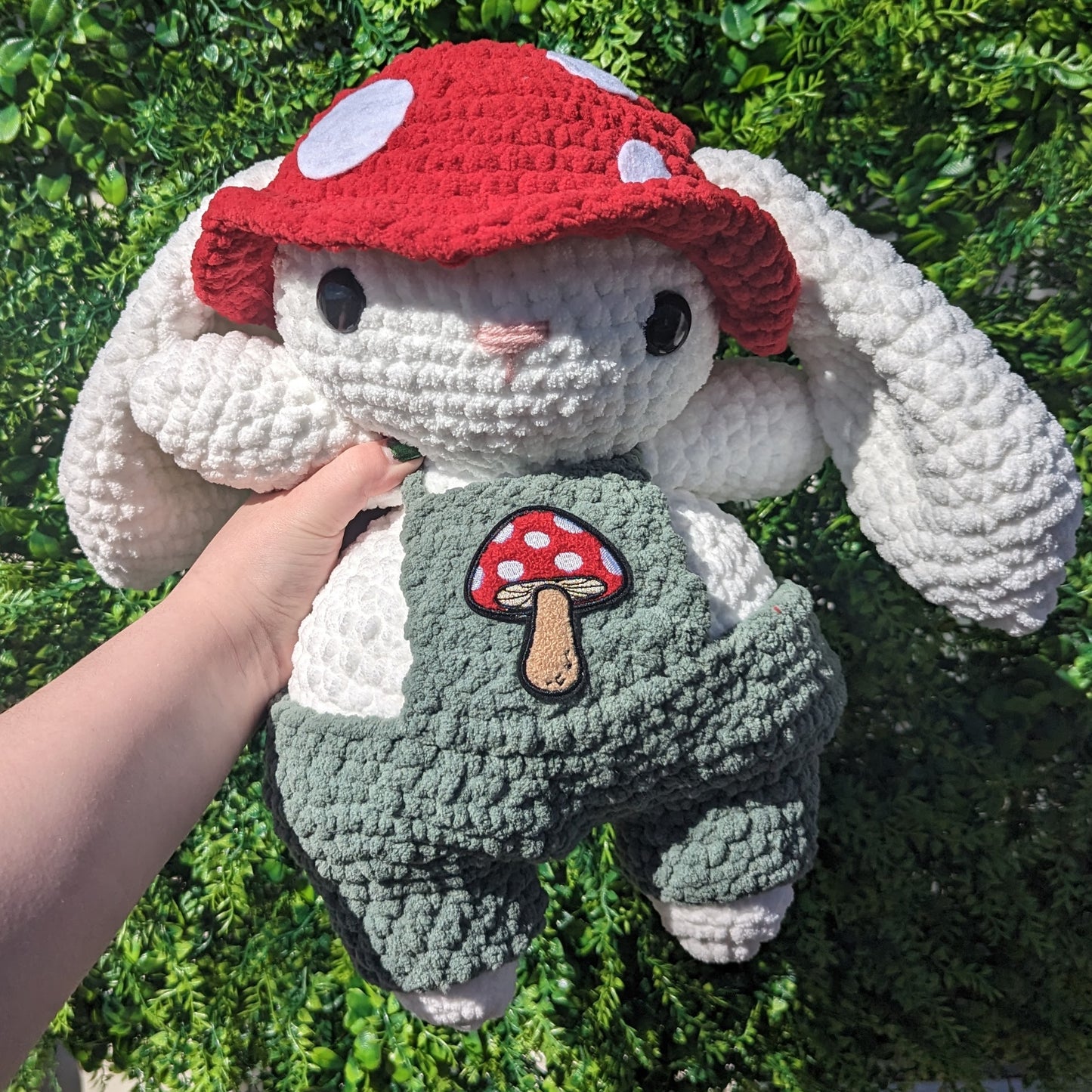 MADE TO ORDER Jumbo White Mushroom Bunny Crochet Plushie (removable hat & overalls)