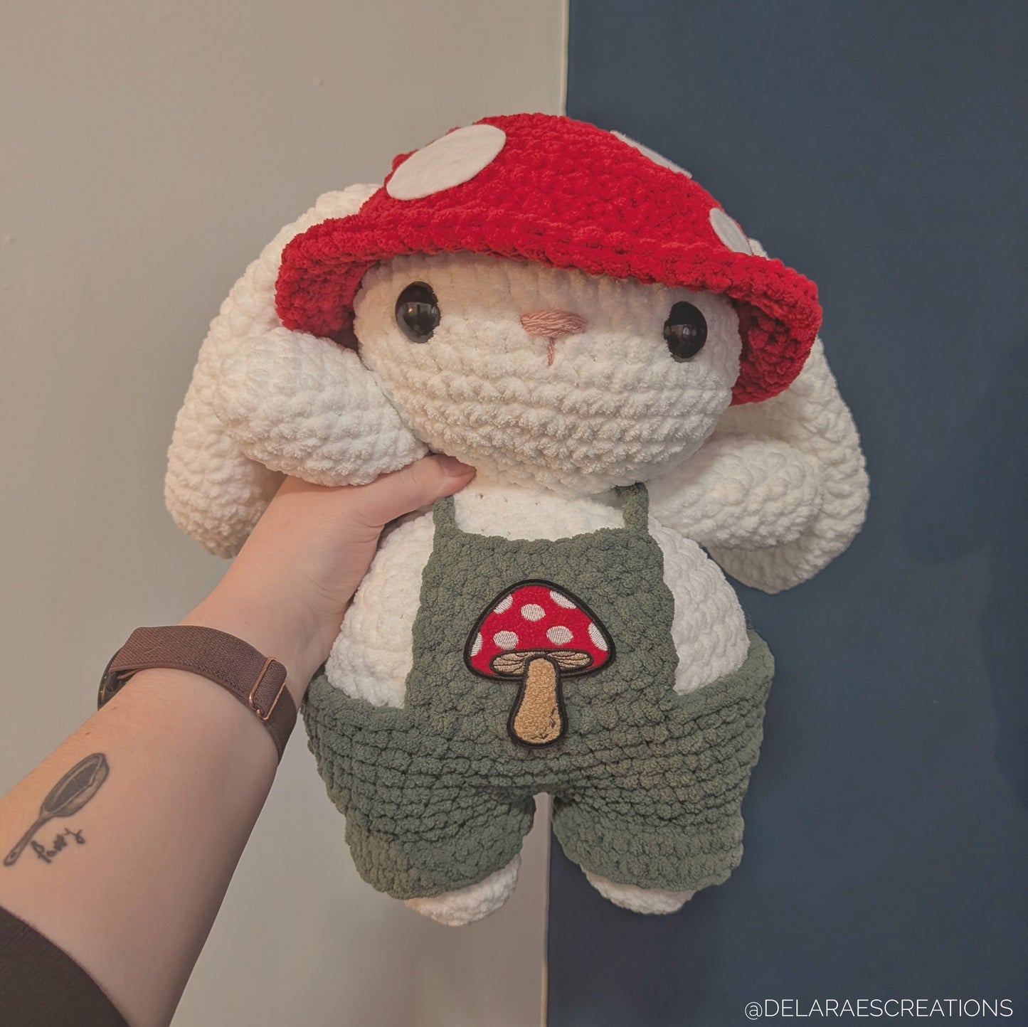 MADE TO ORDER Jumbo White Mushroom Bunny Crochet Plushie (removable hat & overalls)