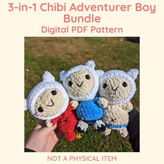 Patrón de ganchillo 3 en 1 Finn the Human Chibi Style // NO ES UN ARTÍCULO FÍSICO