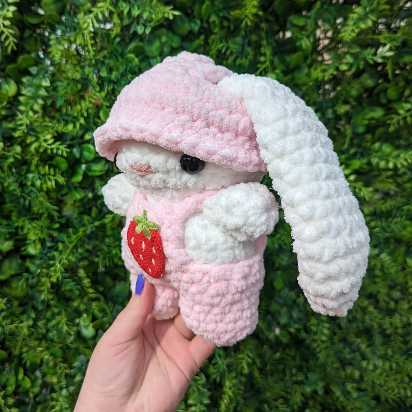 Baby Strawberry Bunny in Outfit Crochet Plushie (removable hat & overalls) [Archived]