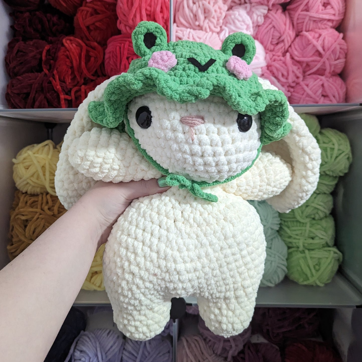 Jumbo Cream Bunny in Frog Hat Crochet Plushie (removable hat) [Archived]