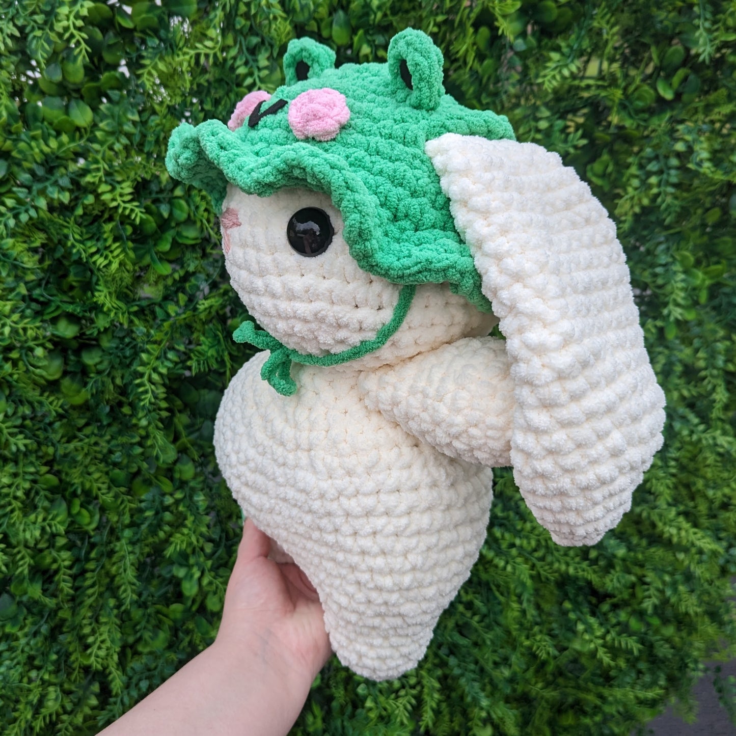 Jumbo Cream Bunny in Frog Hat Crochet Plushie (removable hat) [Archived]