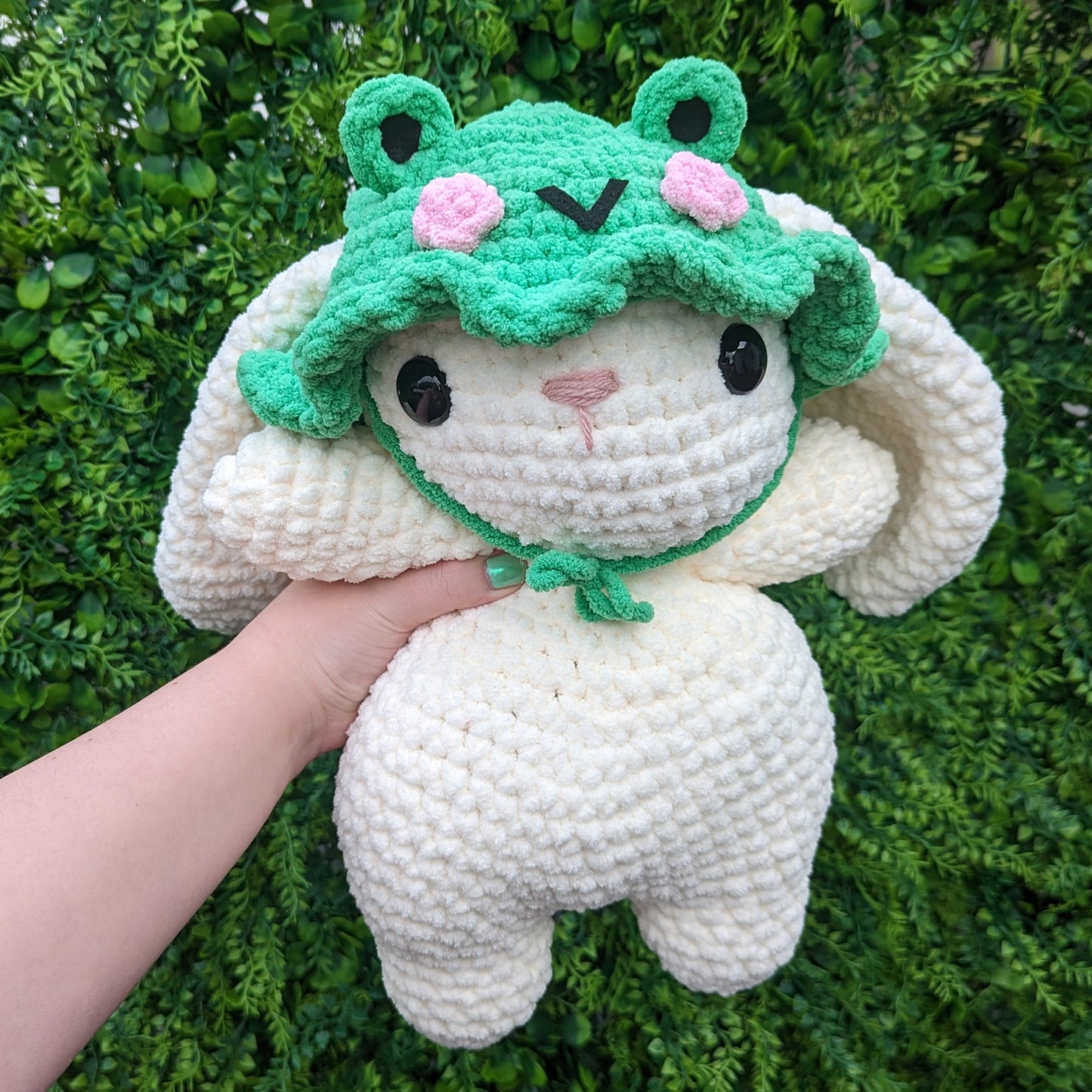 Jumbo Cream Bunny in Frog Hat Crochet Plushie (removable hat) [Archived]