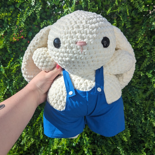 MADE TO ORDER Jumbo Cream Bunny in Blue Cotton Overalls Crochet Plushie (removable overalls)
