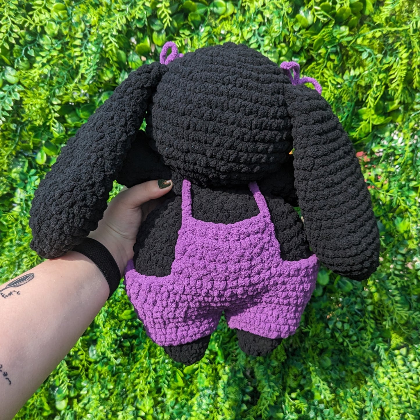 Jumbo Black Bunny in Ghost Face Scream Overalls Crochet Plushie (removable overalls) [Archived]