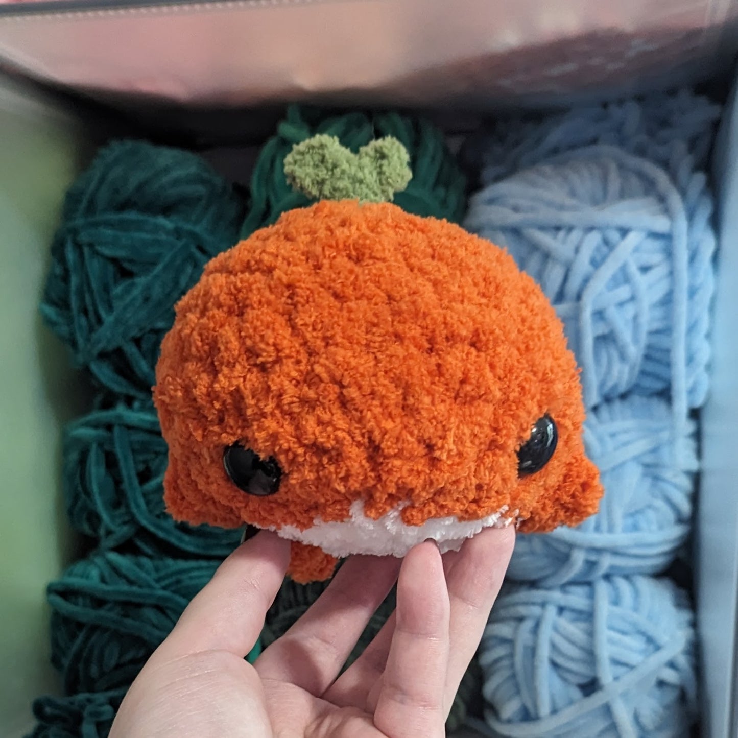 Fuzzy Pumpkin Sprout Baby Whale Crochet Plushie
