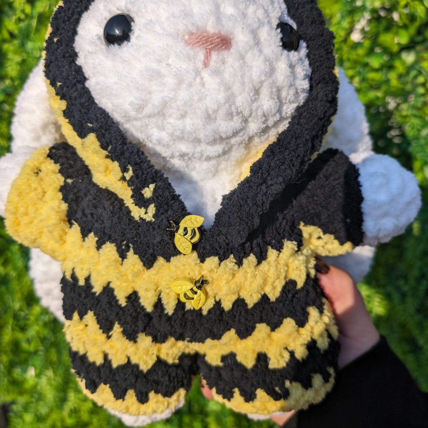 Fuzzy Bunny in Bee Onesie Crochet Plushie (removable outfit)