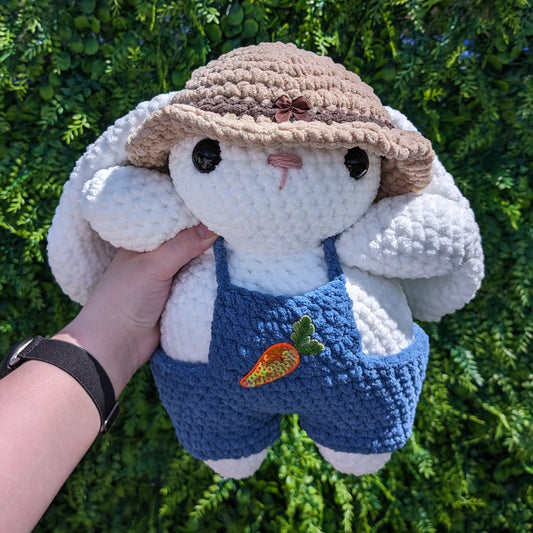 Jumbo Farmer Bunny Crochet Plushie (removable hat & overalls)