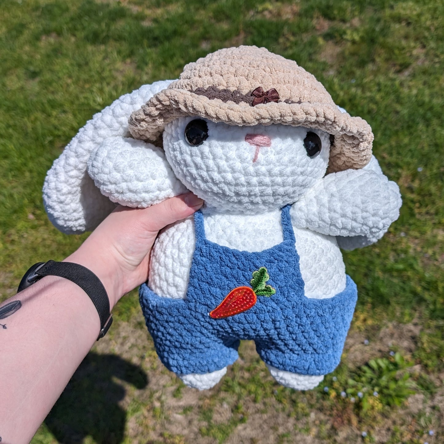 Jumbo Farmer Bunny Crochet Plushie (removable hat & overalls)