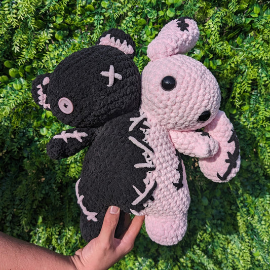 Jumbo Black and Pastel Pink Two Headed Bear Bunny Crochet Plushie