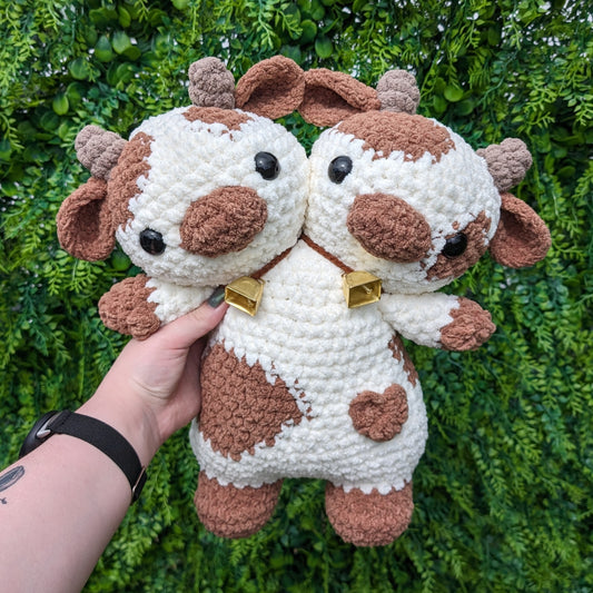 Jumbo Brown & Cream Two-Headed Cow Crochet Plushie