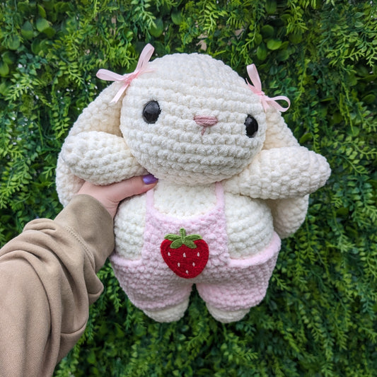 Jumbo Cream Strawberry Bunny Crochet Plushie (removable overalls) [Archived]