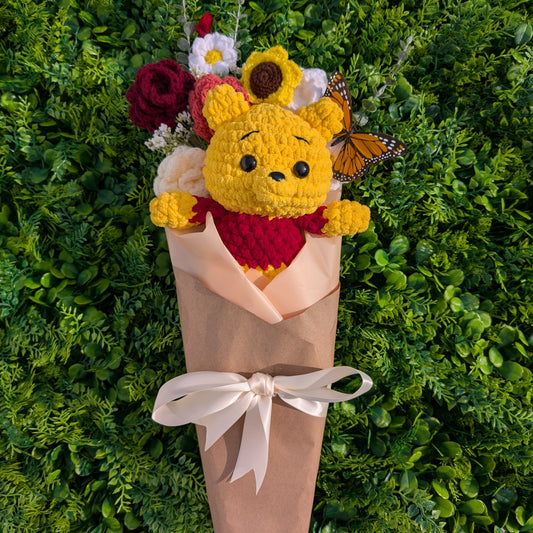 Pooh Bear Crochet Plushie and Floral Bouquet Bundle