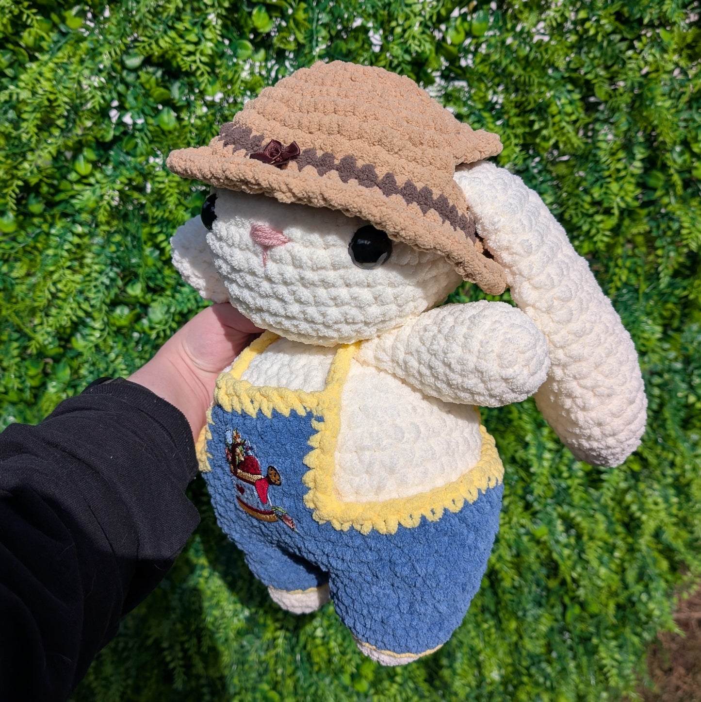 Jumbo Gardener Bunny Crochet Plushie (removable hat & overalls)