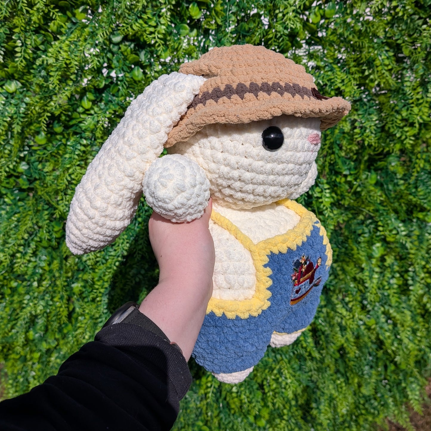 Jumbo Gardener Bunny Crochet Plushie (removable hat & overalls)