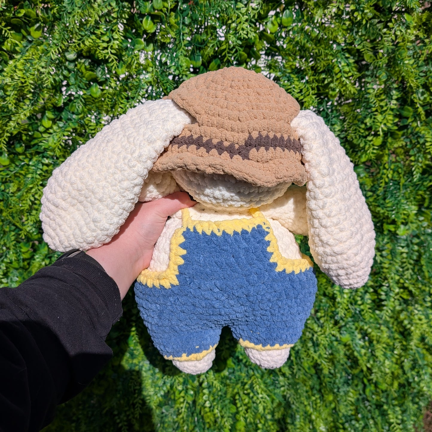 Jumbo Gardener Bunny Crochet Plushie (removable hat & overalls)