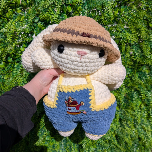 Jumbo Gardener Bunny Crochet Plushie (removable hat & overalls)