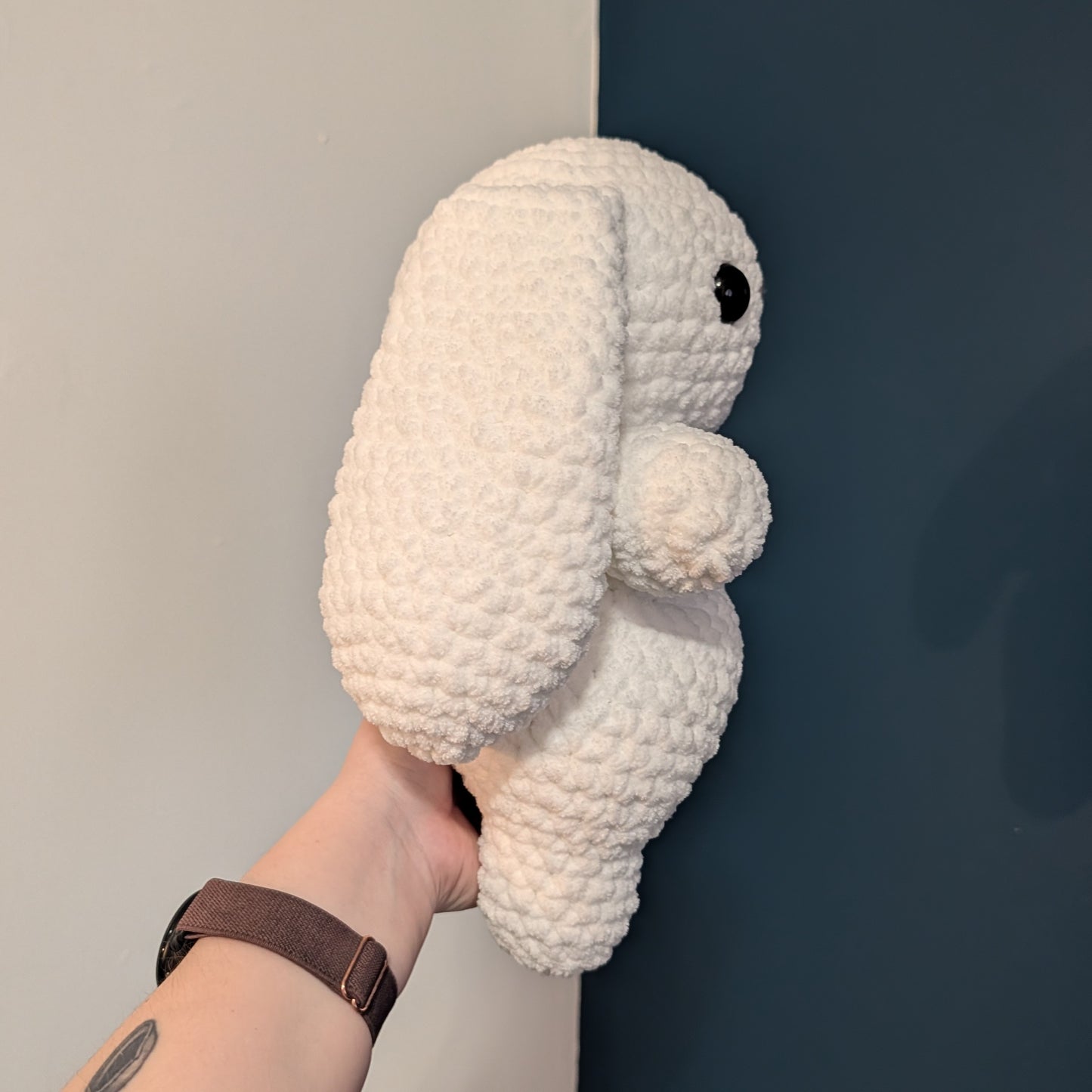 MADE TO ORDER Jumbo White Mushroom Bunny Crochet Plushie (removable hat & overalls)