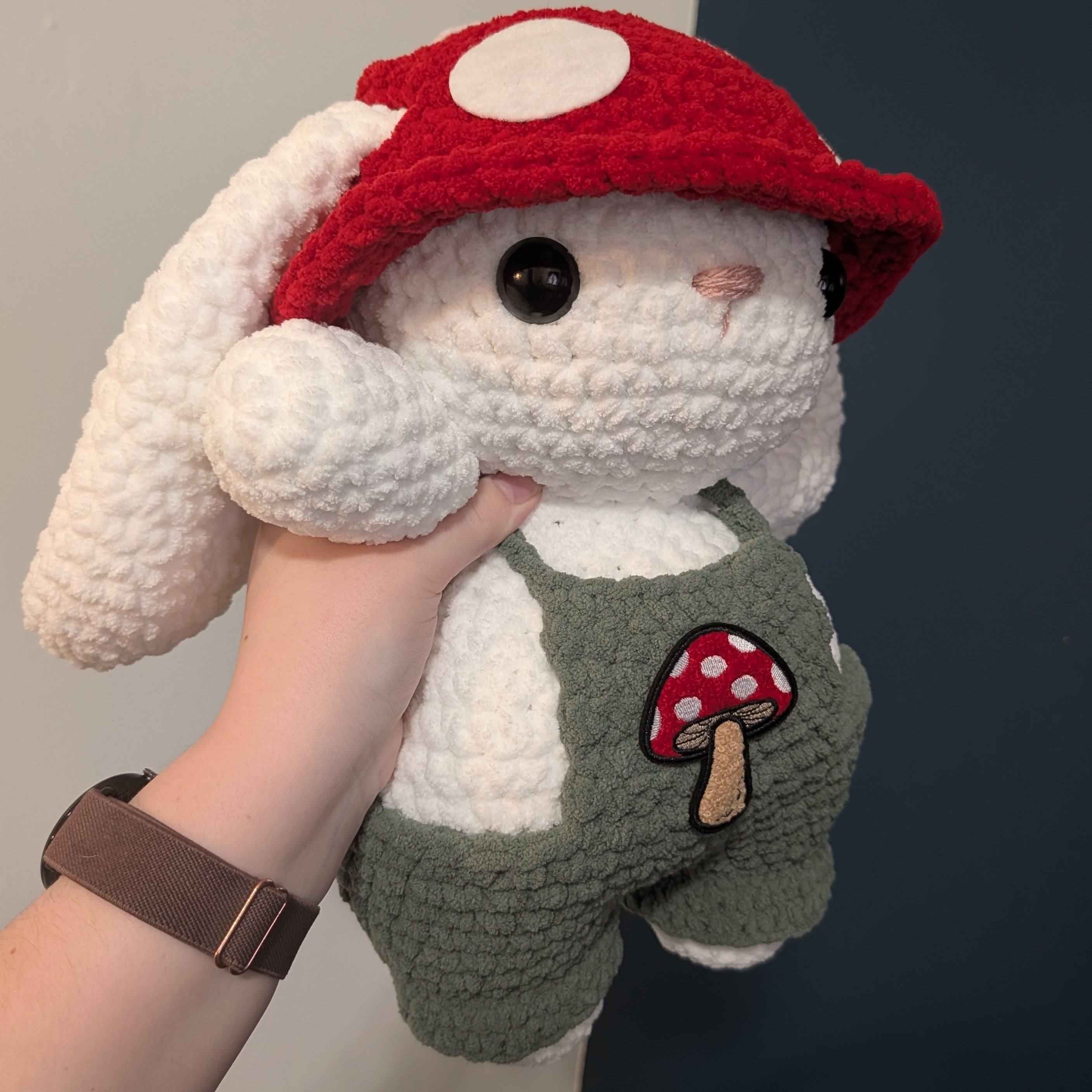 Jumbo White Mushroom Bunny Crochet Plushie (removable hat