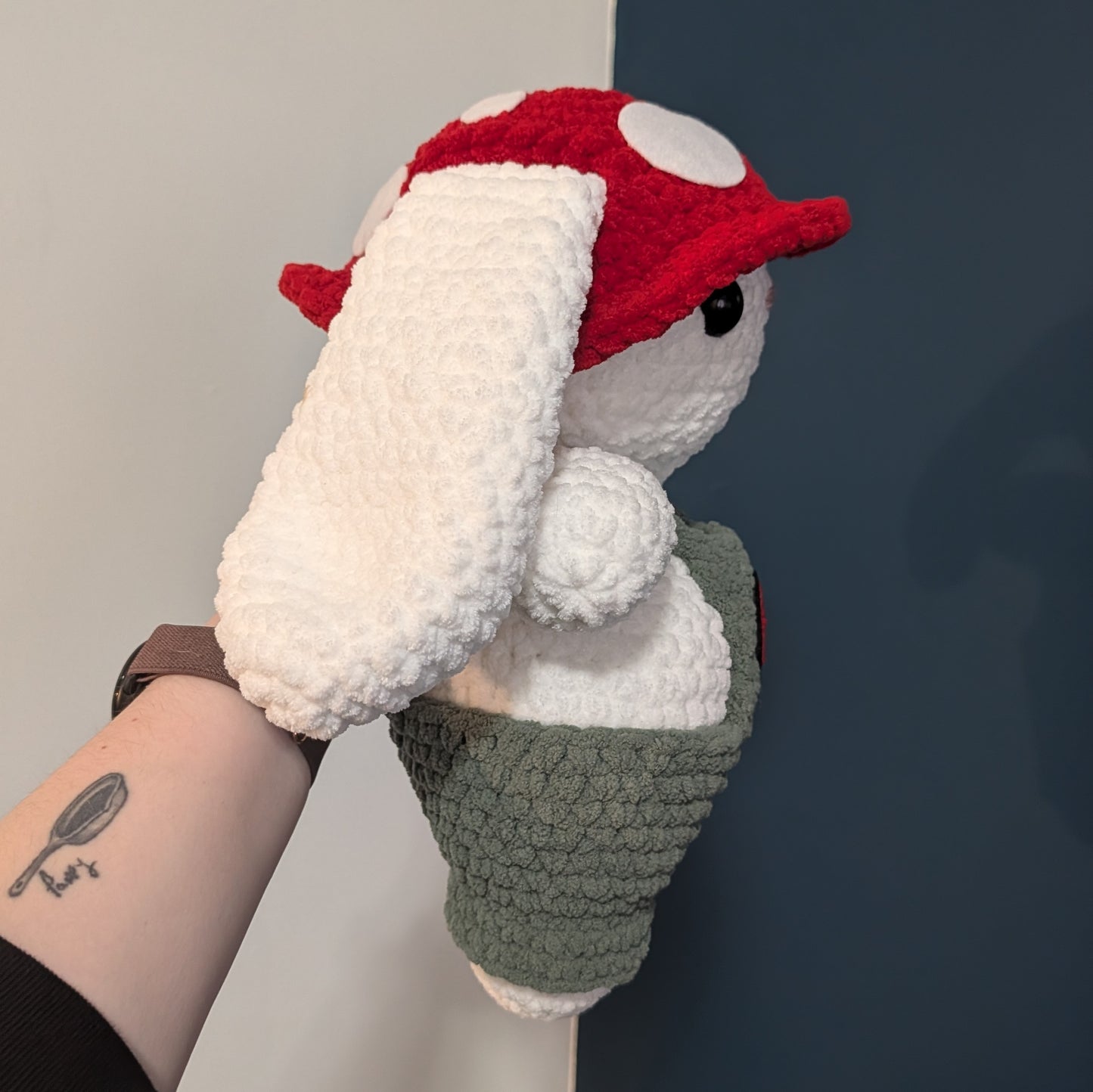 MADE TO ORDER Jumbo White Mushroom Bunny Crochet Plushie (removable hat & overalls)