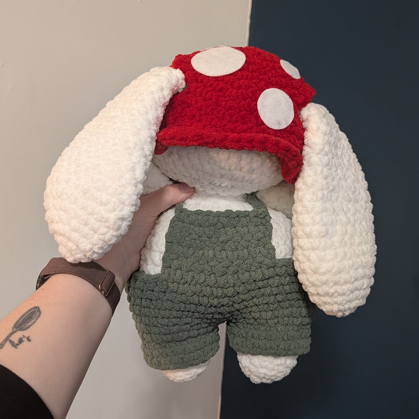 MADE TO ORDER Jumbo White Mushroom Bunny Crochet Plushie (removable hat & overalls)