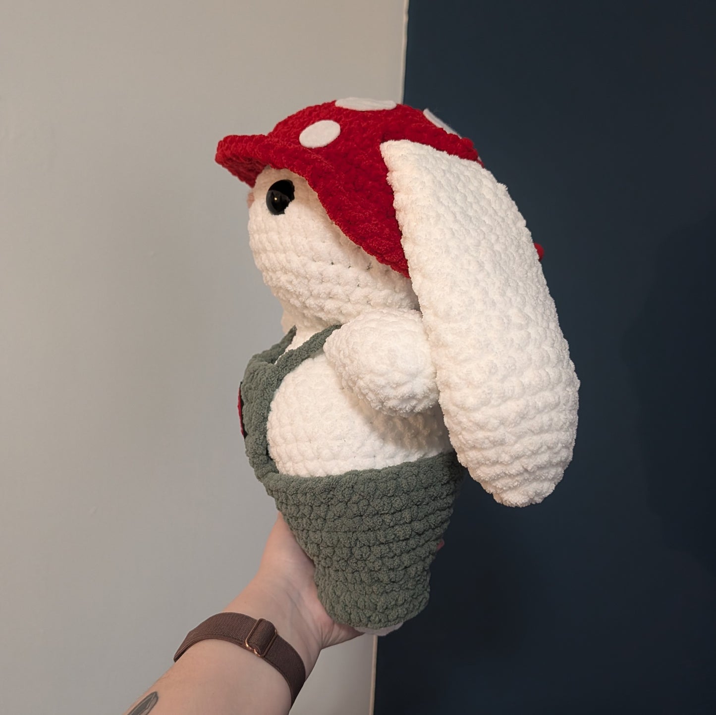 MADE TO ORDER Jumbo White Mushroom Bunny Crochet Plushie (removable hat & overalls)